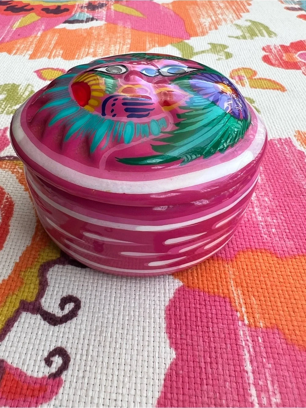 Mexican Pottery Folk Art Sun Moon Celestial Hand Painted Terra Cotta Trinket Box